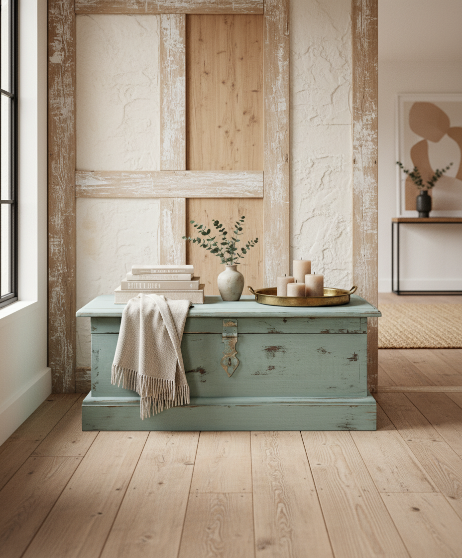 Baúl vintage usado como mesa de centro con velas y libros en ambiente estilo granja