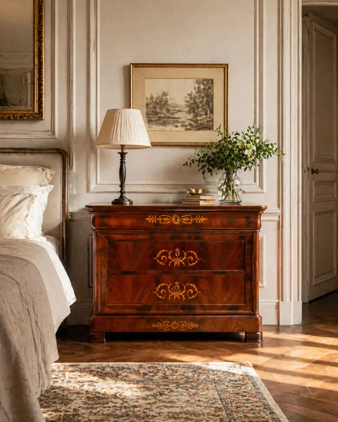 Cómoda Antigua en caoba de pluma con marquetería floral (Finales S. XIX) Antique arte y decoracion