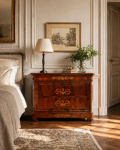 Cómoda Antigua en caoba de pluma con marquetería floral (Finales S. XIX) Antique arte y decoracion