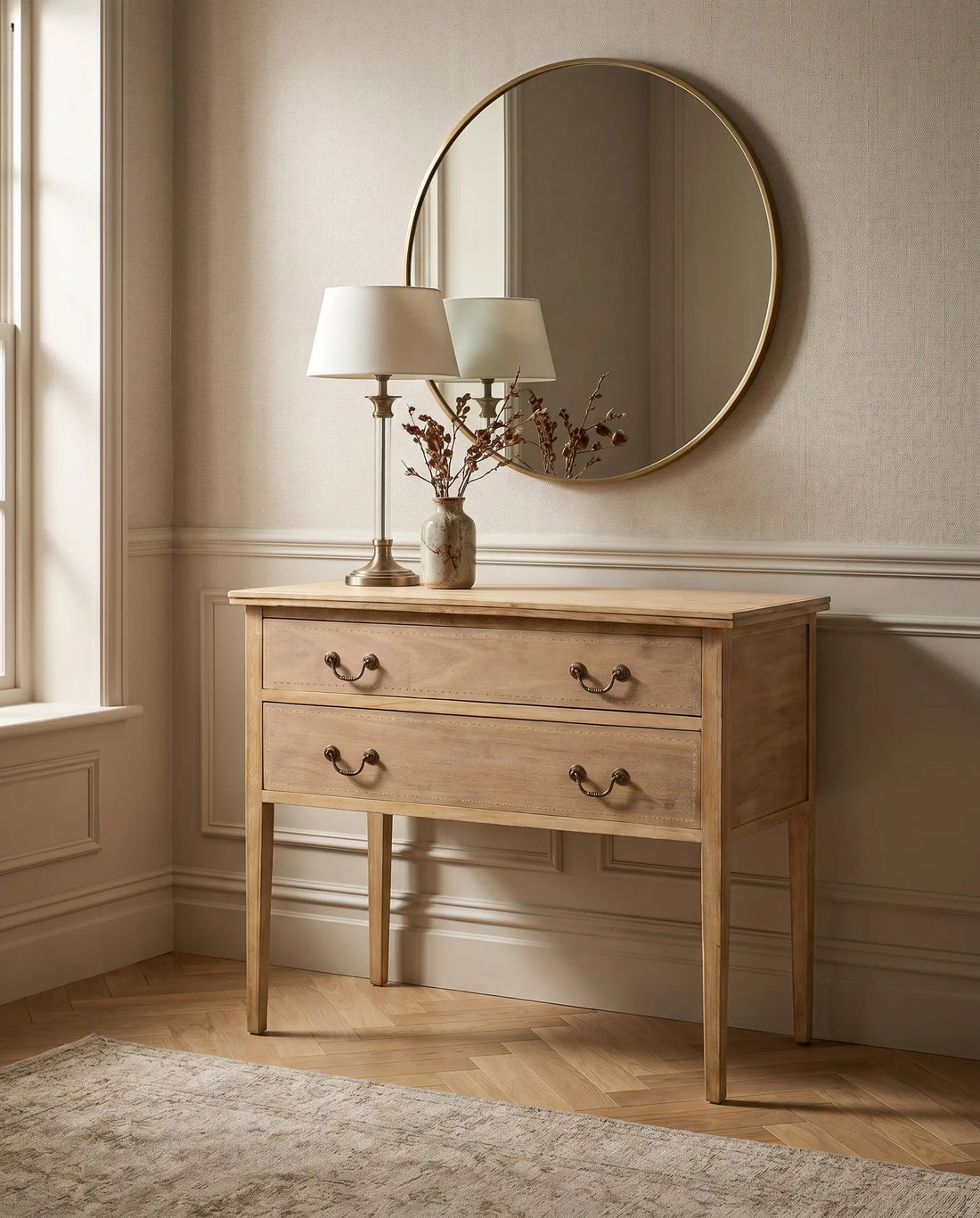 Cómoda antigua pequeña de dos cajones en madera lavada natural estilo neoclásico decorada en piso clasico