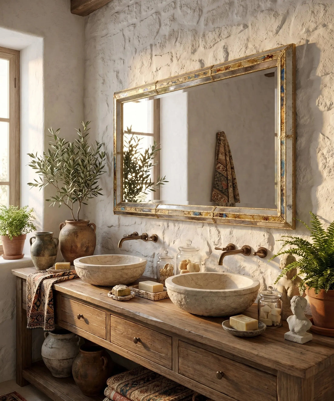 Gran espejo vintage de estilo veneciano colgado en horizontal en un baño rústico con lavabos de piedra.