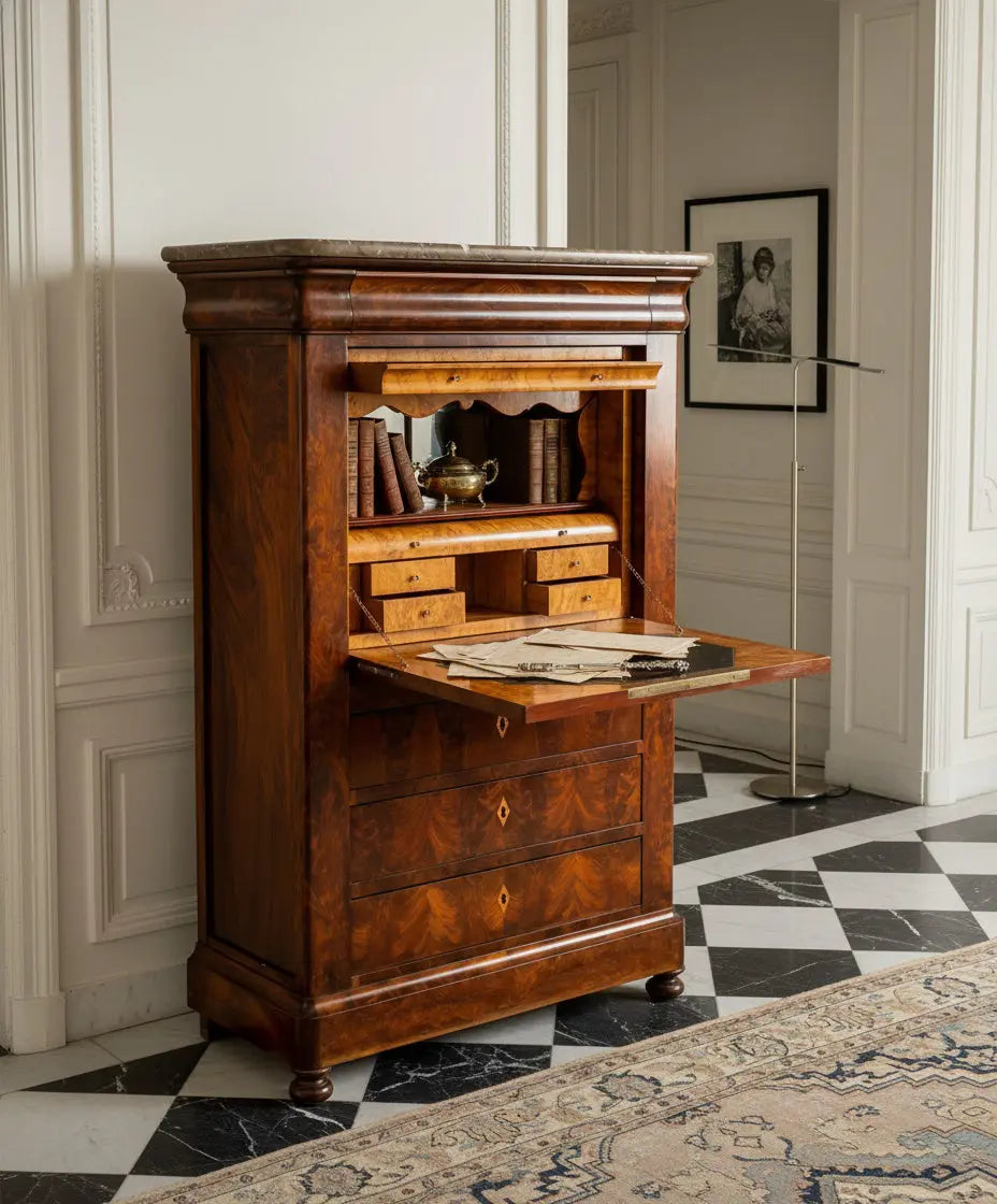 Escritorio secreter antiguo "Abattant" estilo Luis Felipe en madera de caoba (S. XIX)