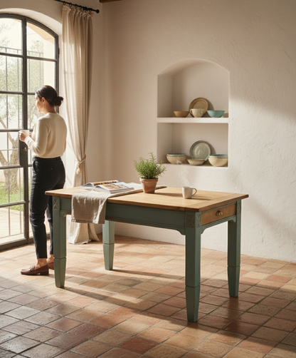 Mesa de comedor rústica en ambiente mediterráneo con luz natural y vajilla