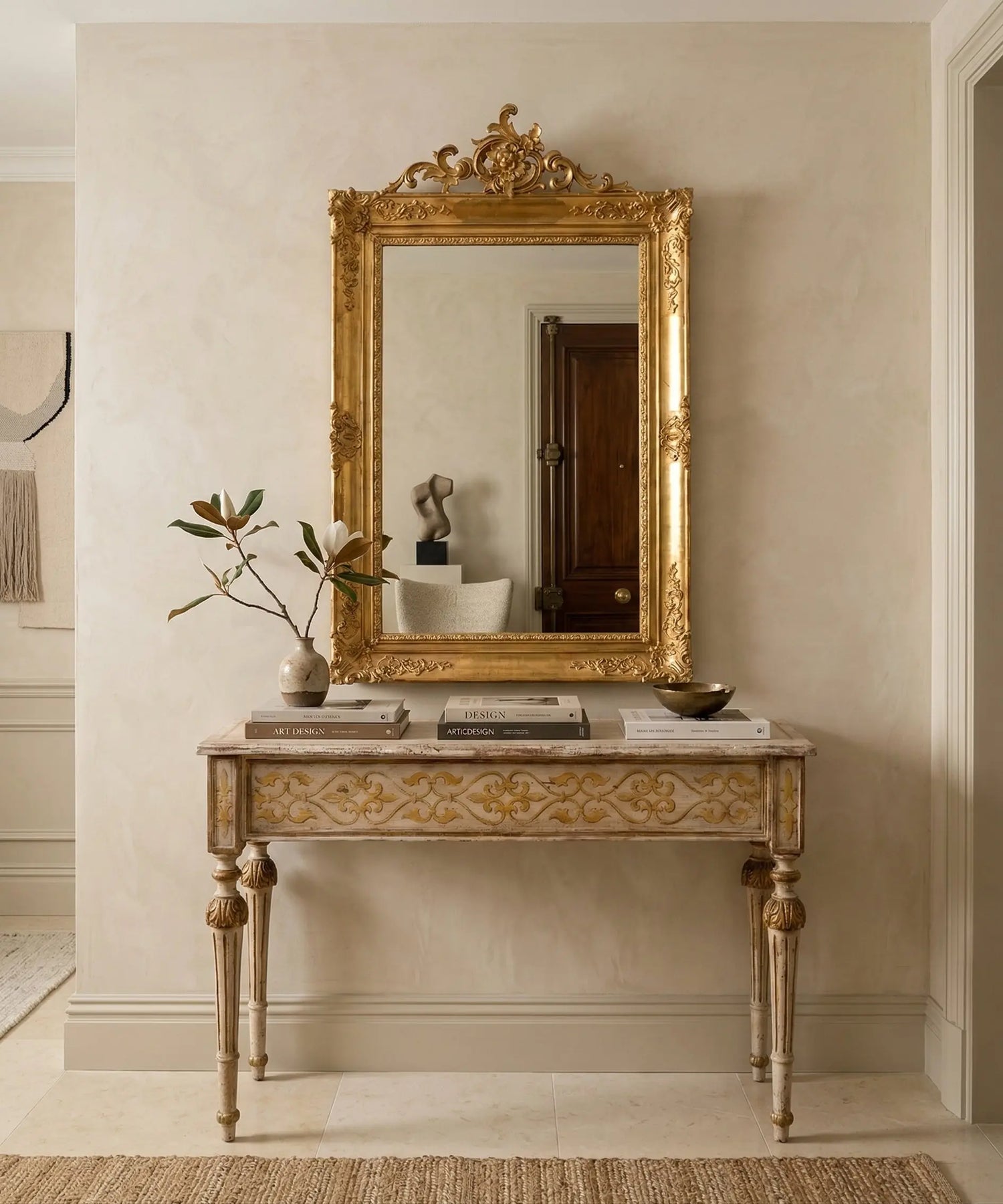 Espejo de gran formato 158x100 cm con marco de pan de oro y copete tallado estilo francés.decorado sobre consola
