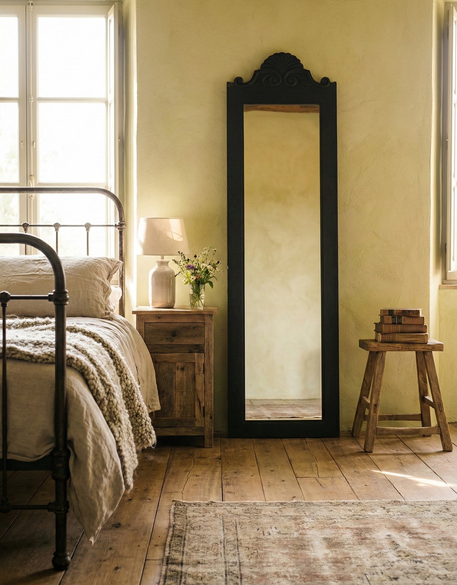 Espejo de cuerpo entero clásico apoyado en pared beige entre dos sillones de cuero marrón y libros en el suelo