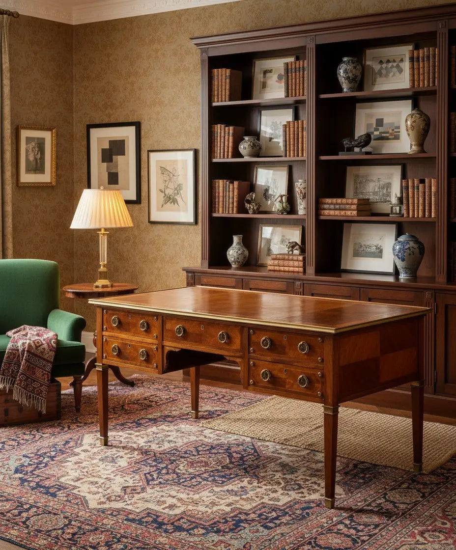 Gran escritorio de centro estilo Luis XVI de madera con cinco cajones y herrajes de bronce.