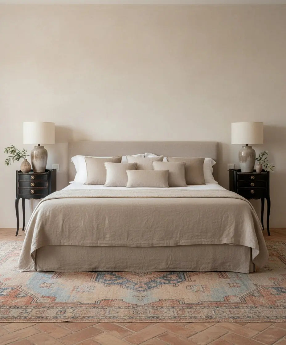 Dormitorio moderno con cama mostaza y pareja de mesitas de noche vintage negras estilo Luis XV.