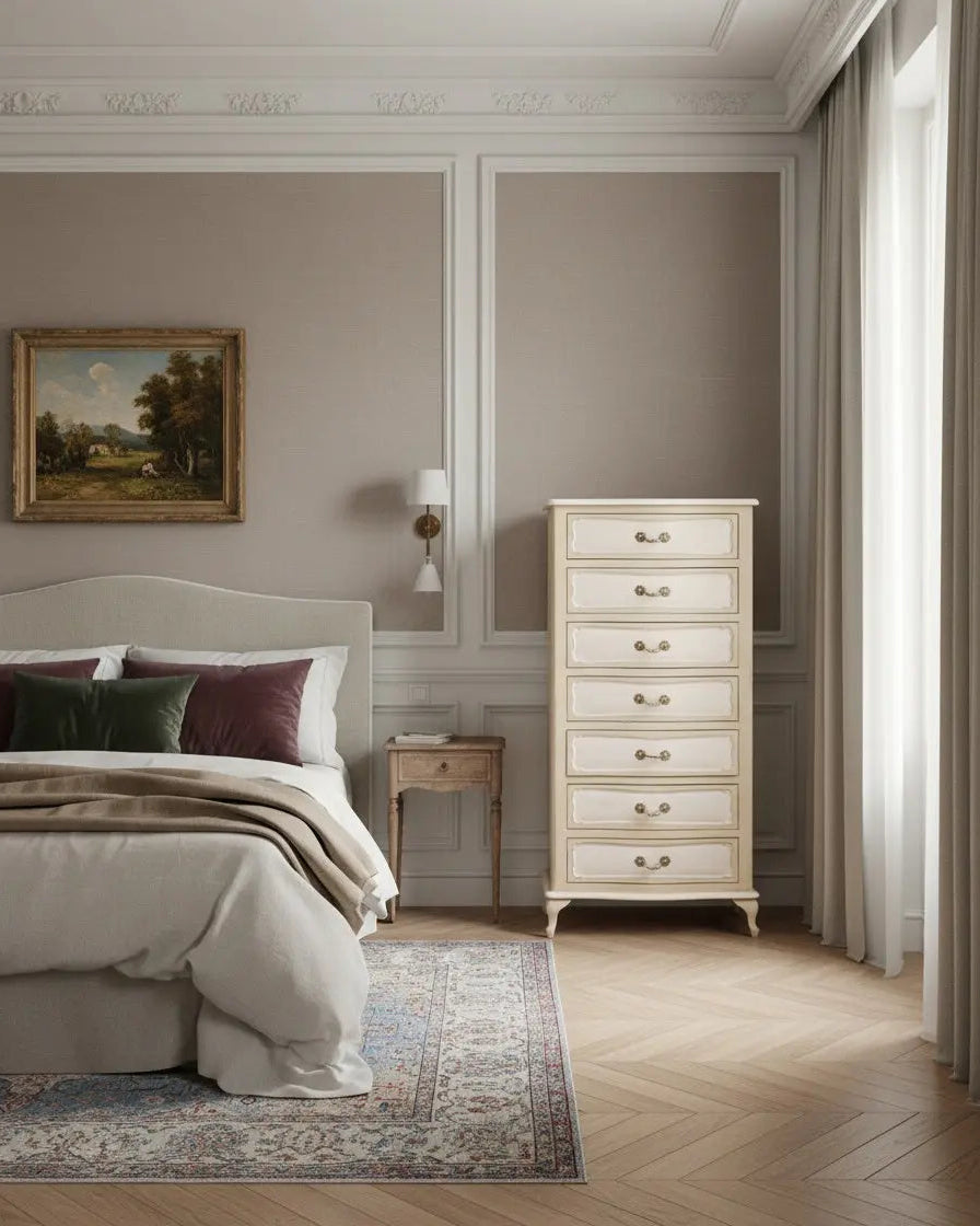 El semanario Éléonore ubicado en un dormitorio de lujo con molduras clásicas, alfombra persa y luz natural suave.