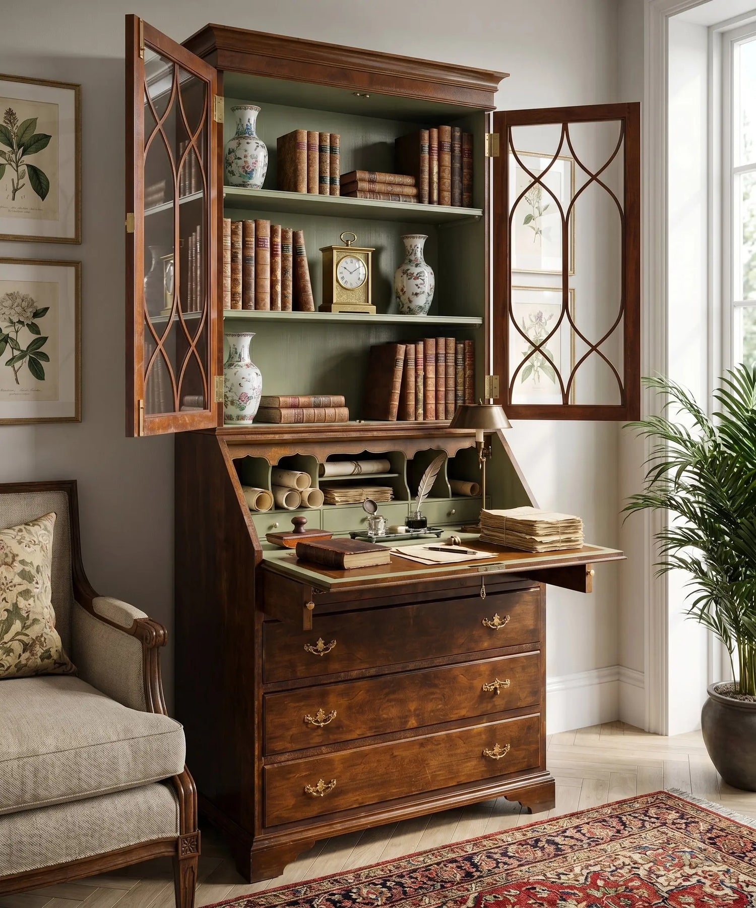 Mueble vitrina con escritorio secretaire de estilo Inglés en madera de caoba