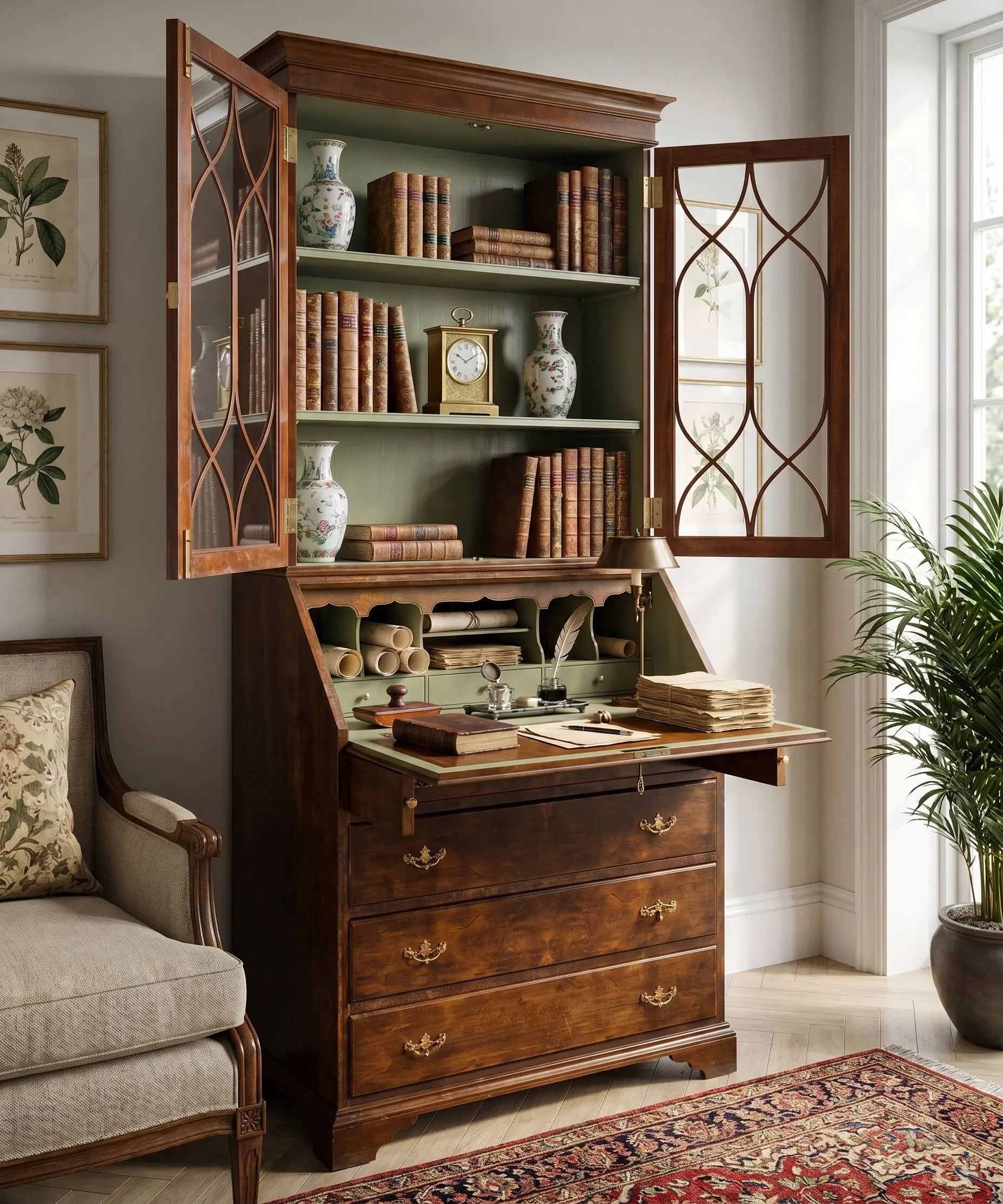 Mueble vitrina con escritorio secretaire de estilo Inglés en madera de caoba