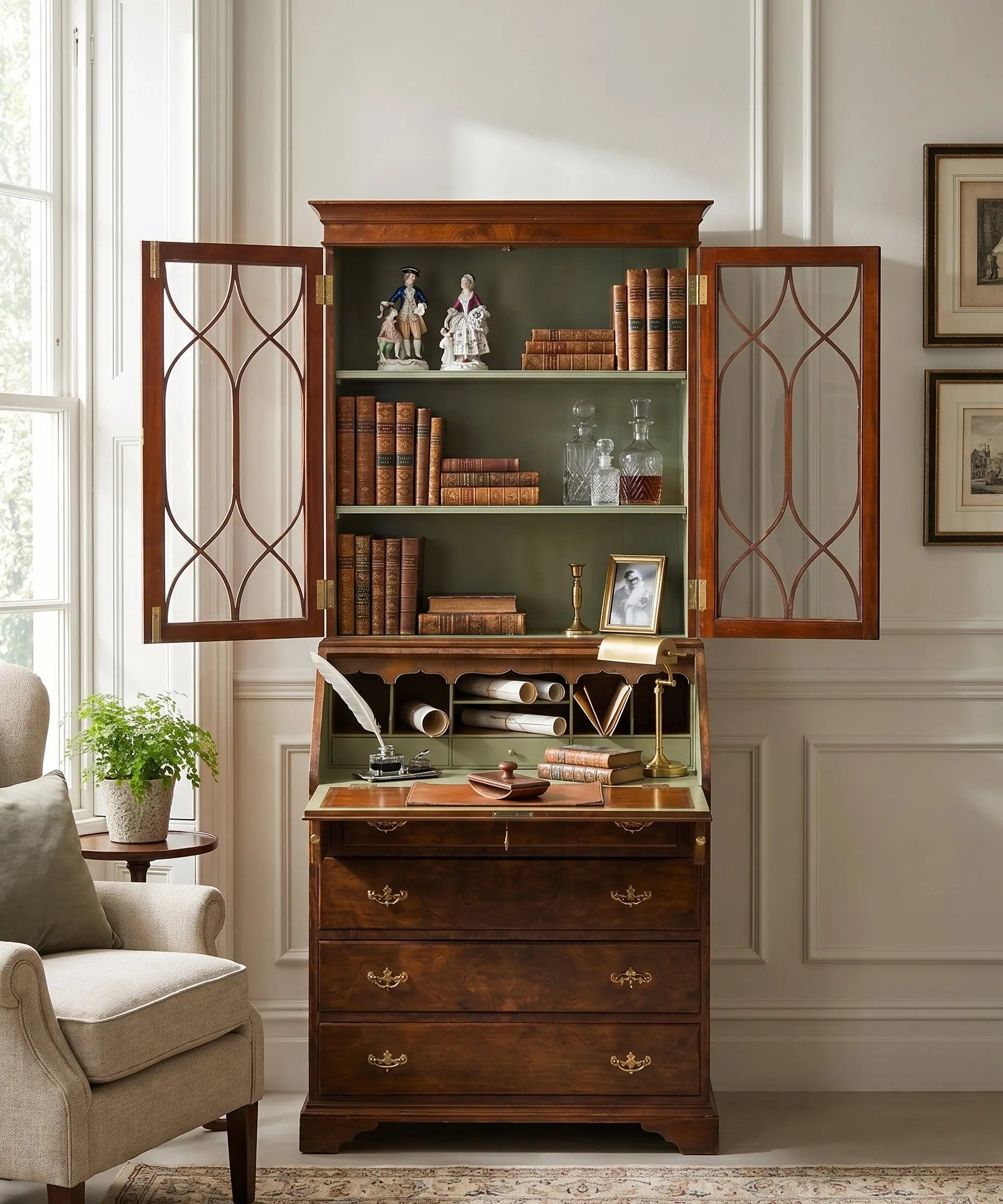 Bureau-bookcase inglés decorando un salón luminoso de estilo country house, flanqueado por sofás de lino blanco.