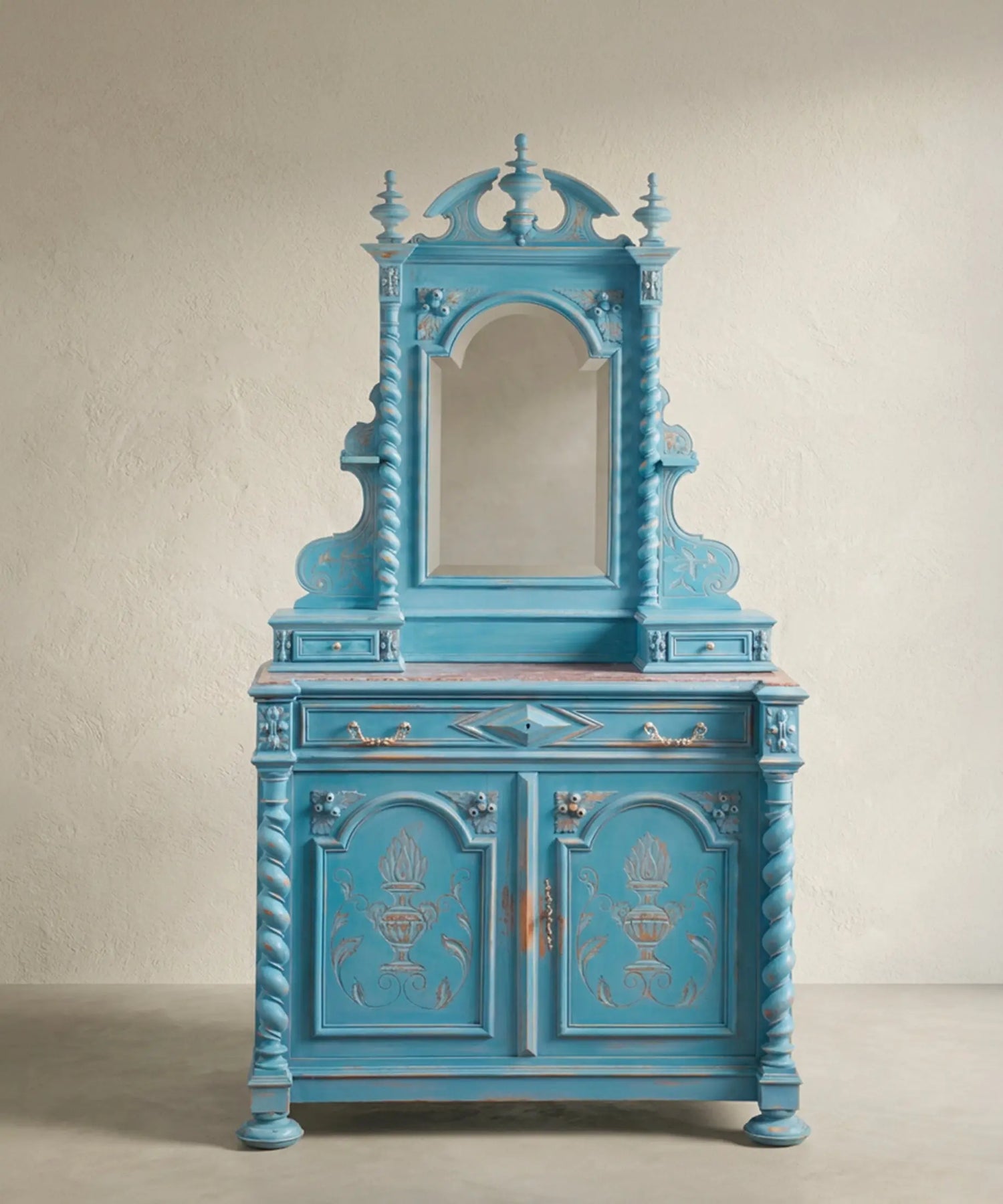 Aparador Antiguo con Espejo y Mármol en Azul Decapé | Estilo Enrique II