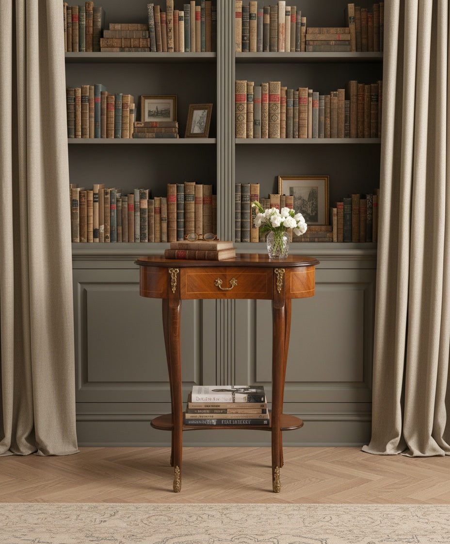 Mesa auxiliar decorada con libros y flores en un ambiente de biblioteca clásica con estanterías y cortinas.