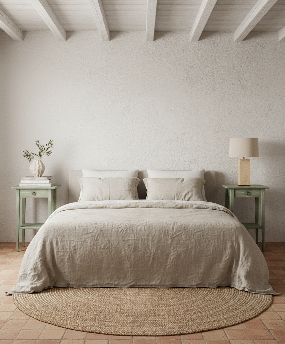 Dormitorio rústico moderno con las dos mesitas verdes a los lados de una cama con ropa de cama de lino beige y suelo de terracota.