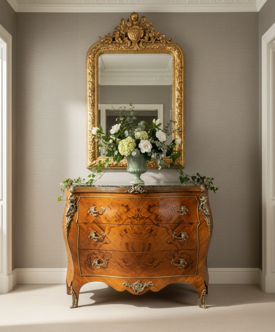 Cómoda bombé estilo Luis XV en marquetería y tapa de mármol