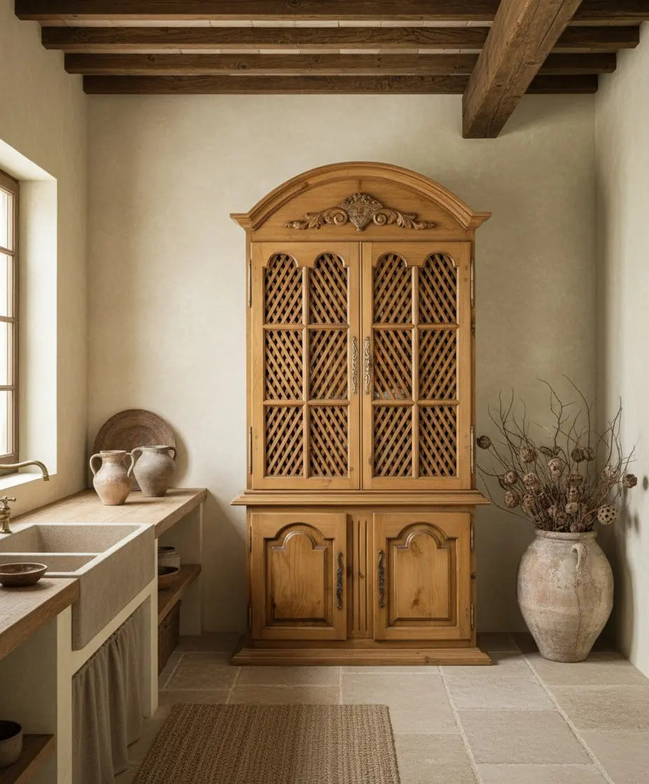 Alacena integrada en una cocina rústica de lujo con suelos de piedra y vigas de madera, estilo mediterráneo.
