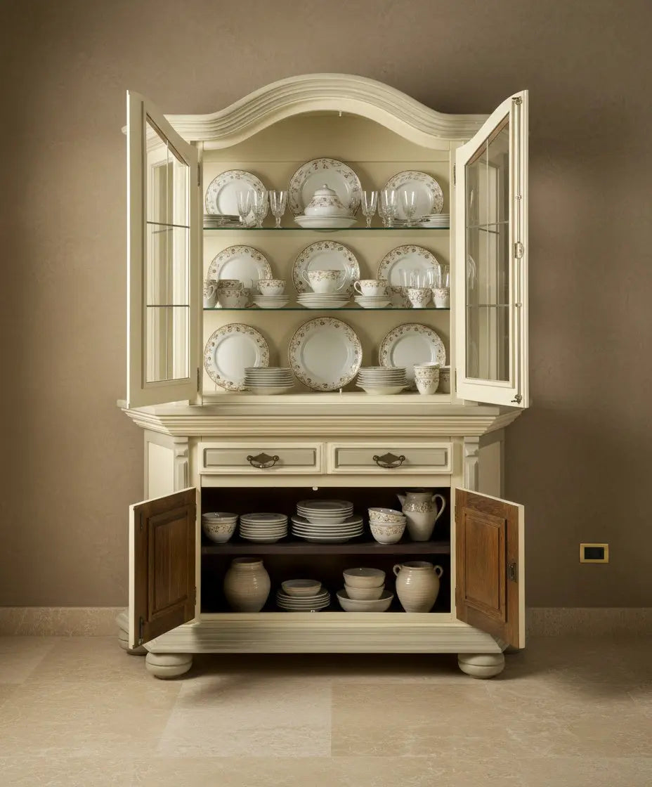 Alacena Maison Héritage decorada con cristalería y vajilla blanca en un salón de techos altos.