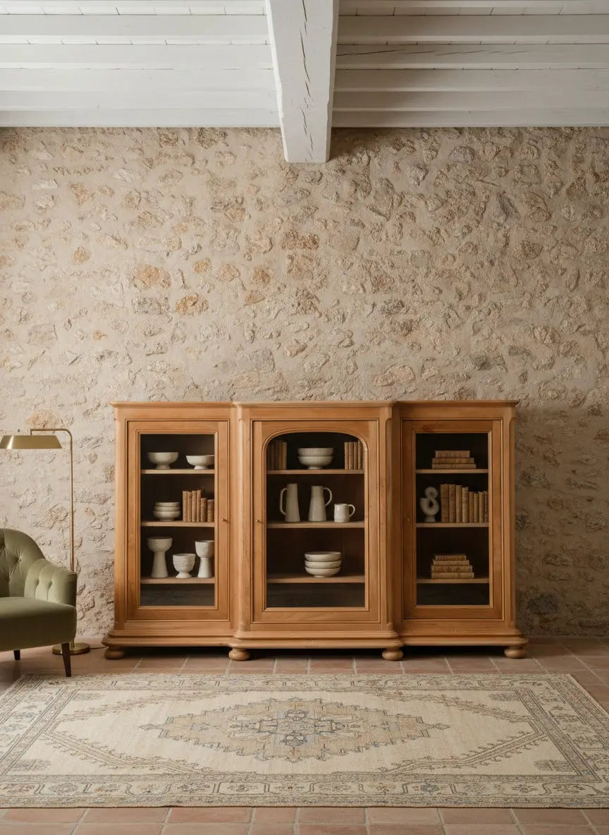 Vitrina de madera maciza decorada con vajilla blanca frente a una pared de piedra rústica.