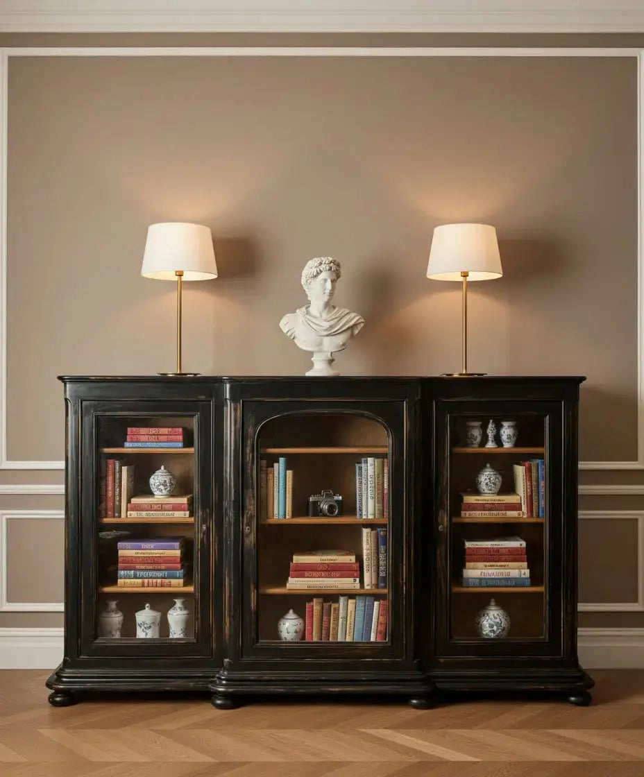 Vitrina decorada con libros, busto clásico y lámparas de diseño en un salón elegante (Lifestyle).