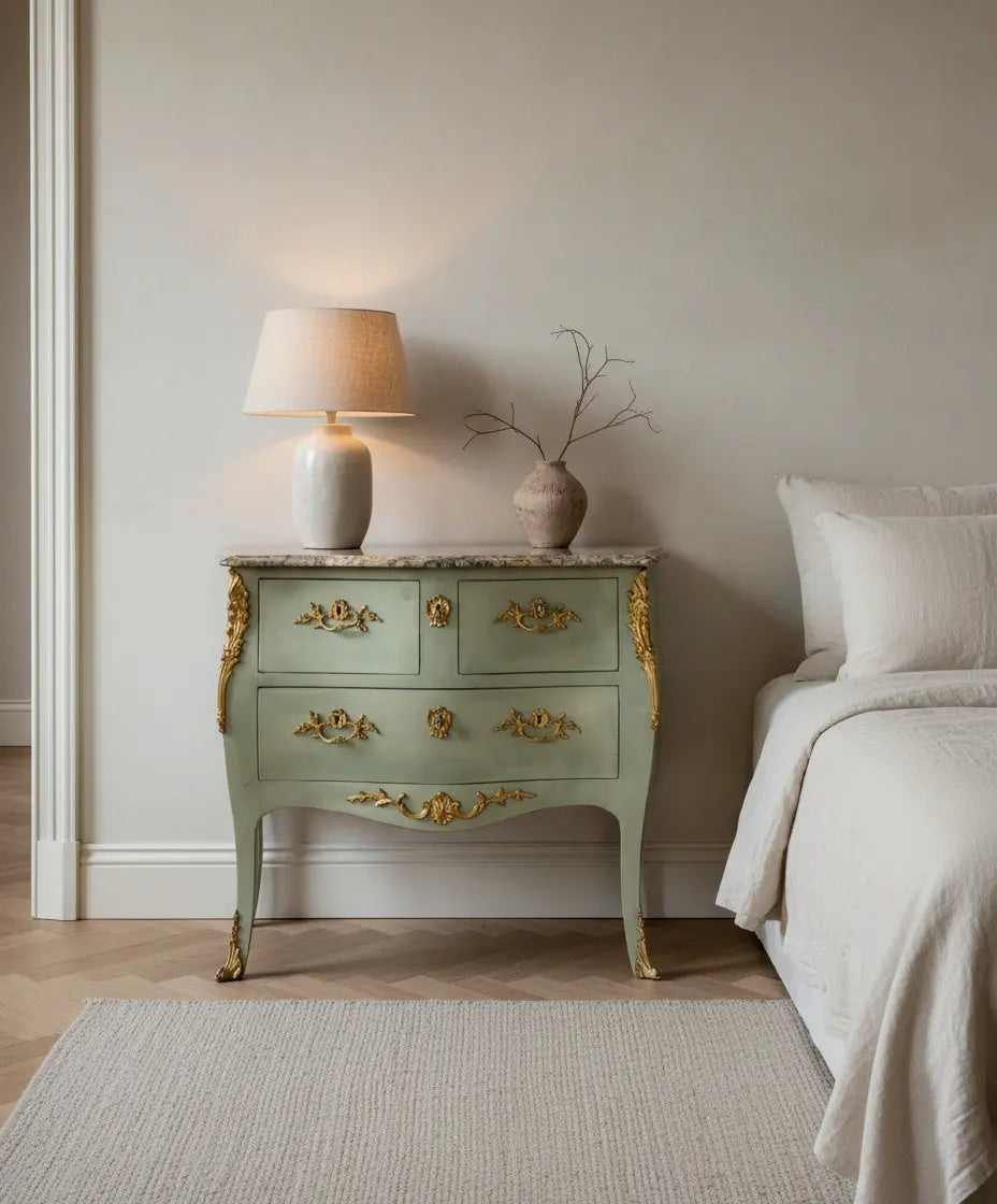 Decoración de dormitorio romántico con cómoda francesa verde salvia usada como mesilla de noche grande.