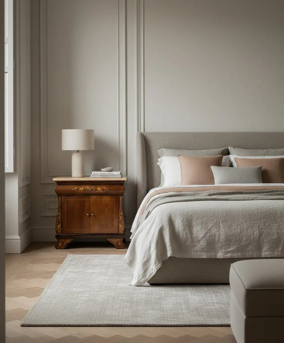 Pareja de mesitas de noche vintage con marquetería de aves y puertas abiertas frente a mural sepia.