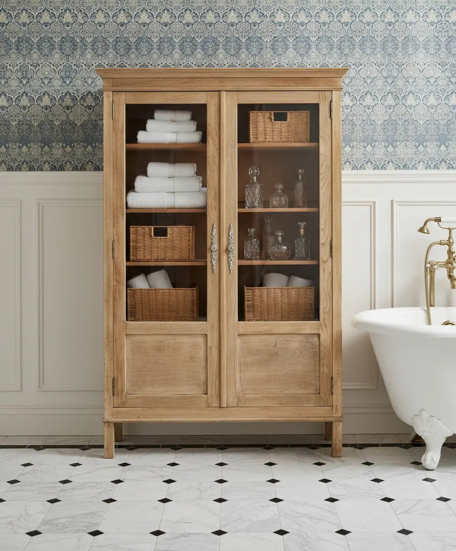 Vitrina de madera clara estilo provenzal con puertas de cristal y herrajes ornamentados decorada en baño de piso clásico.