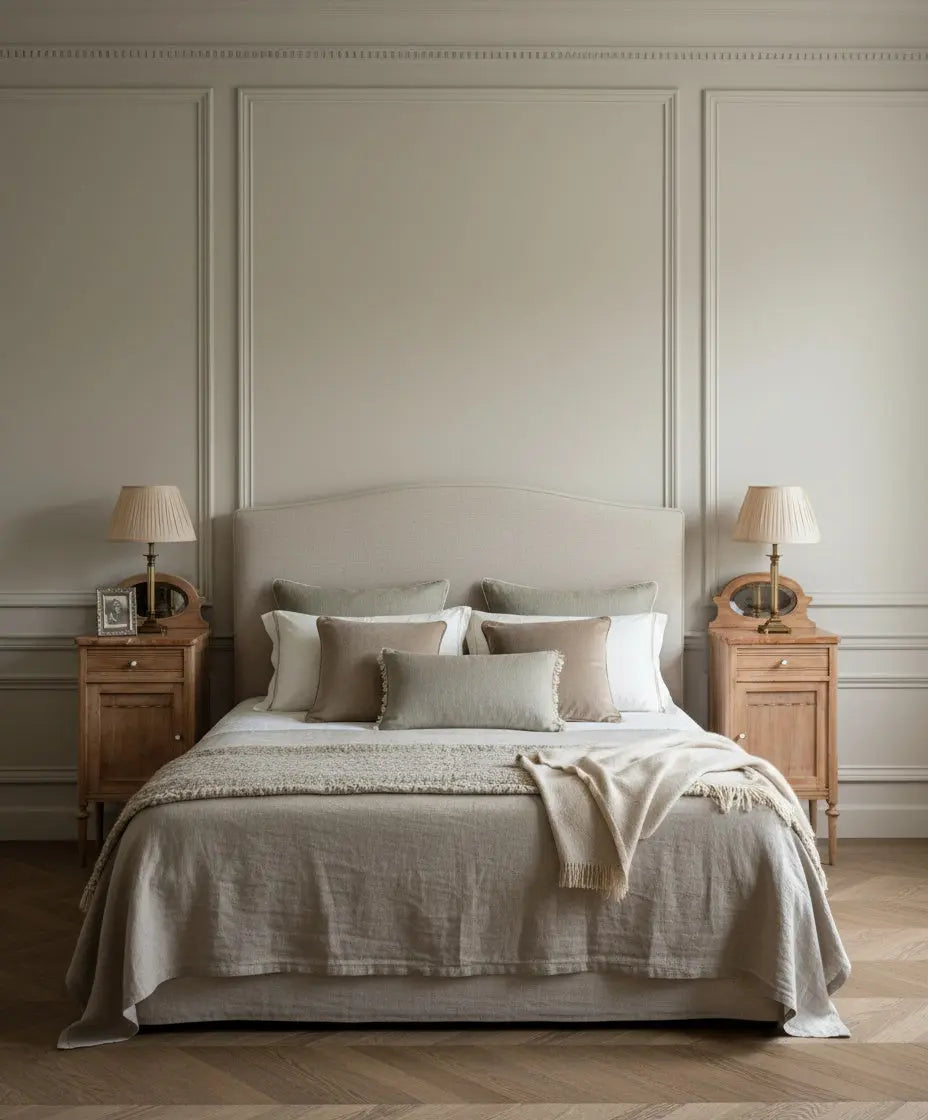 Pareja de mesitas de noche antiguas en madera lavada con mármol y espejo