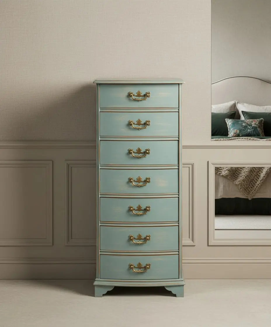 Sinfonier semainier vintage de frente curvo en azul empolvado decapé