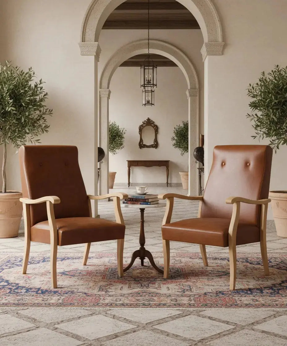 Pareja de sillones vintage estilo Mid-Century en madera clara y símil piel Coñac Antique arte y decoracion