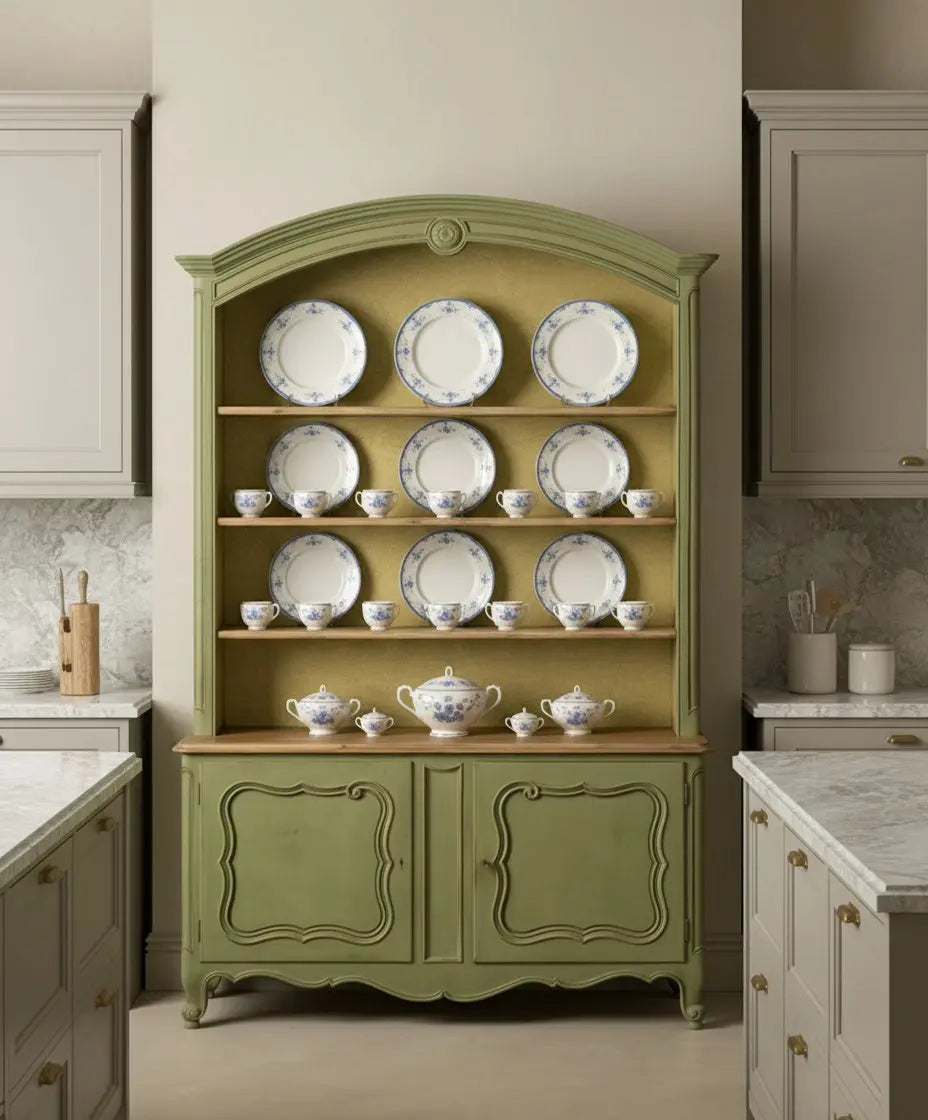 Alacena platero estilo francés en verde salvia con fondo entelado