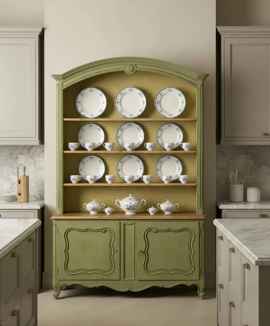 Alacena platero estilo francés en verde salvia con fondo entelado Antique arte y decoracion