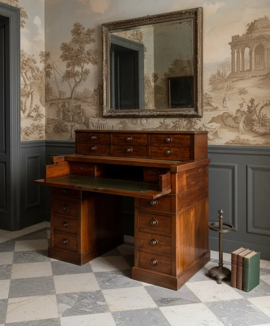 Gran escritorio antiguo de doble pedestal en nogal con gradilla y tapa extensible