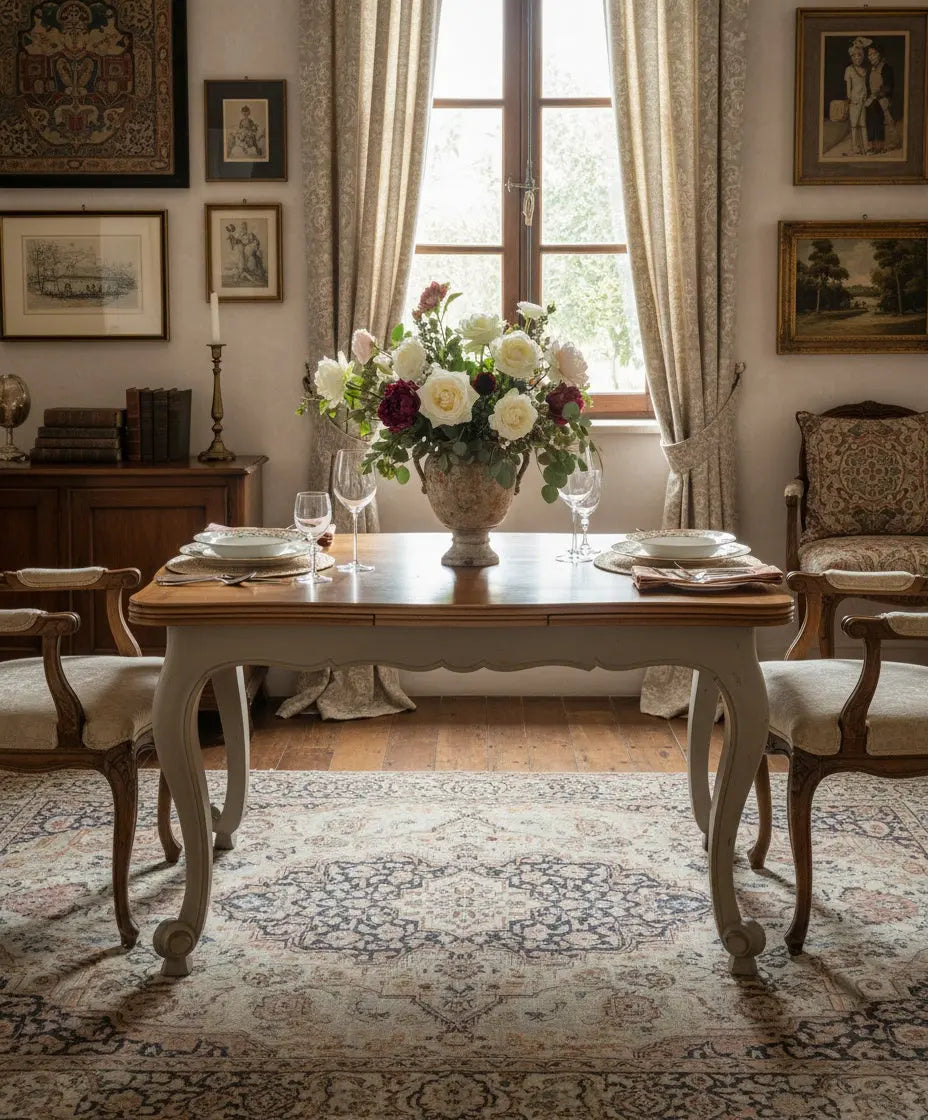 Mesa de comedor vintage estilo francés bicolor con patas curvas grises y tapa de madera.