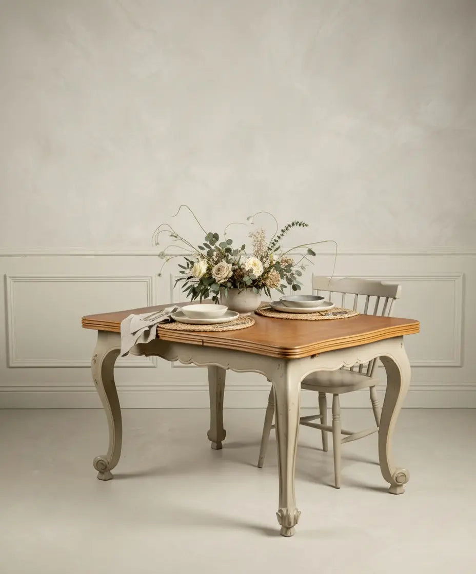 Mesa de comedor vintage estilo francés bicolor con patas curvas grises y tapa de madera.