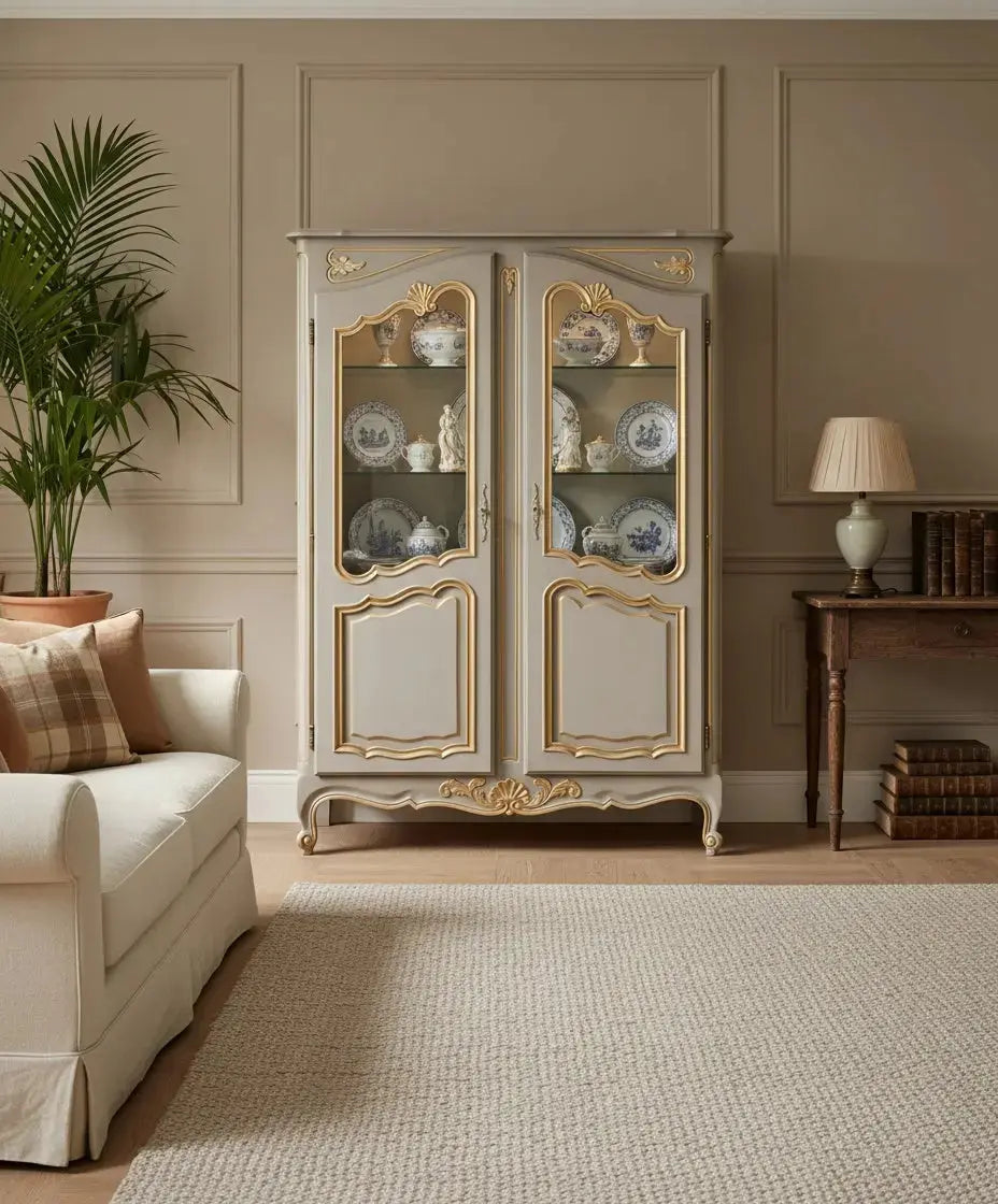 Vitrina expositora  estilo Luis XV en gris perla con detalles dorados Antique arte y decoracion