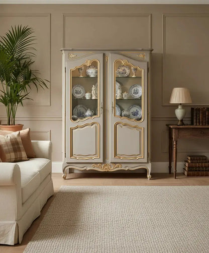 Vitrina expositora  estilo Luis XV en gris perla con detalles dorados Antique arte y decoracion