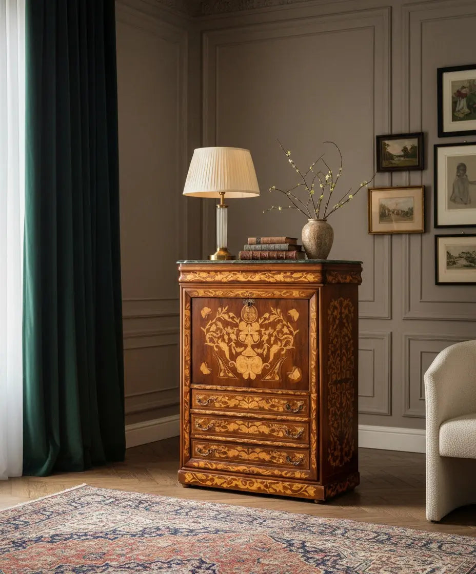 Secreter con marquetería floral y tapa de mármol verde