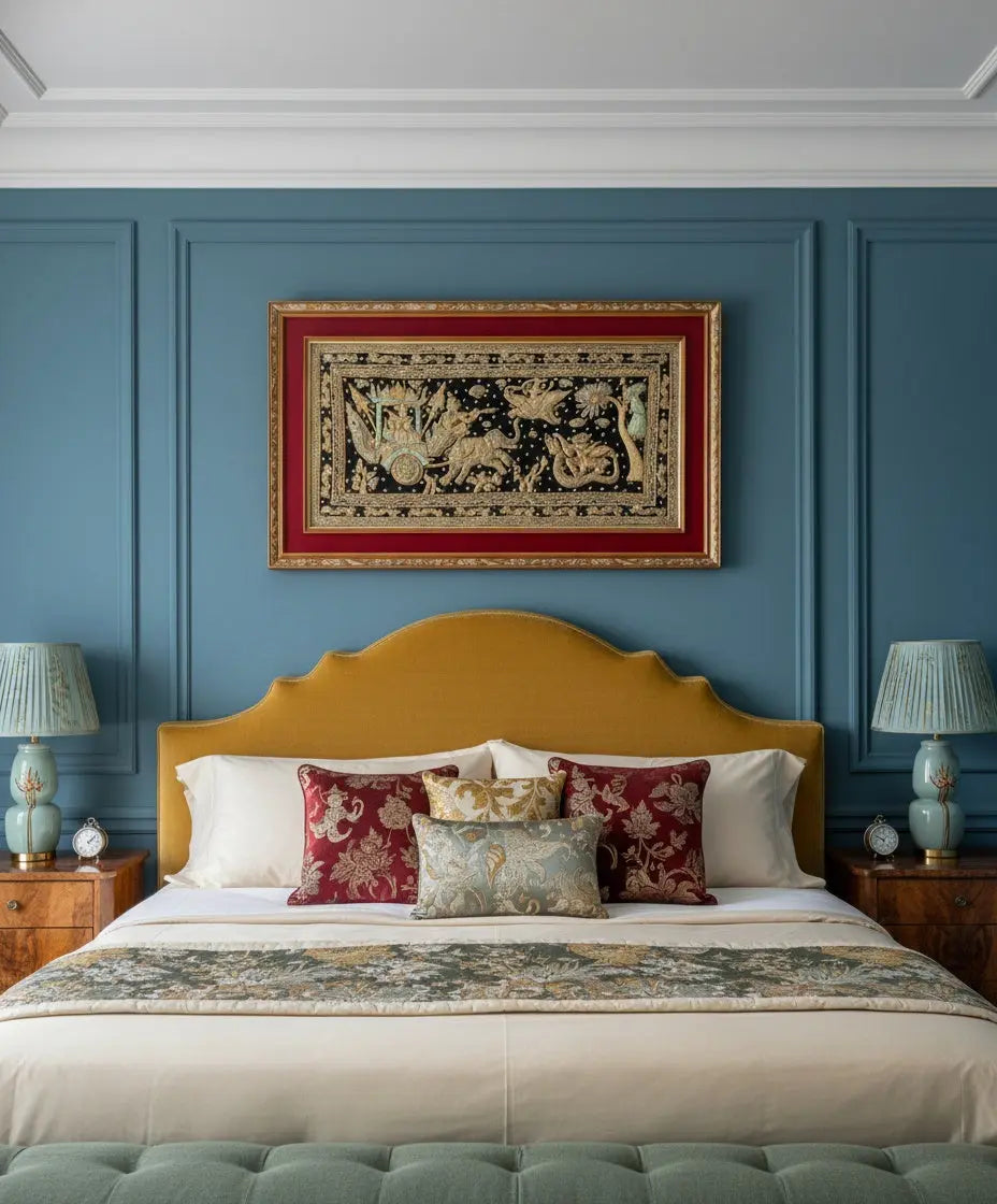 Gran tapiz vintage estilo Kalaga birmano enmarcado con bordados de elefantes en alto relieve.