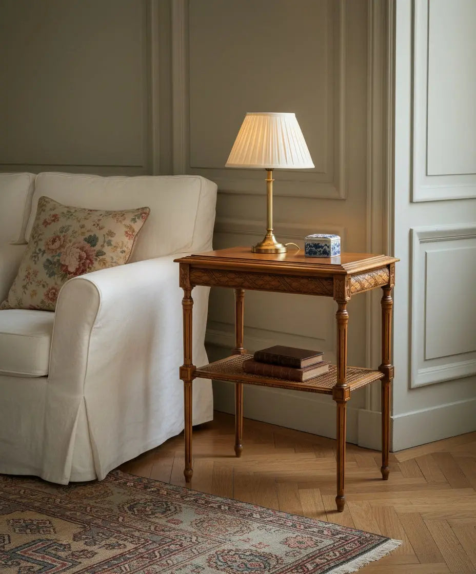 mesa en salon Mesa de noche vintage con diseño neoclásico y rejilla de ratán vegetal en el estante inferior.