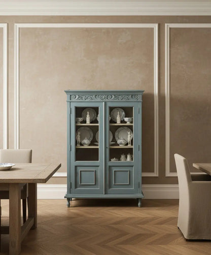 Neoclassical style display case in powder blue