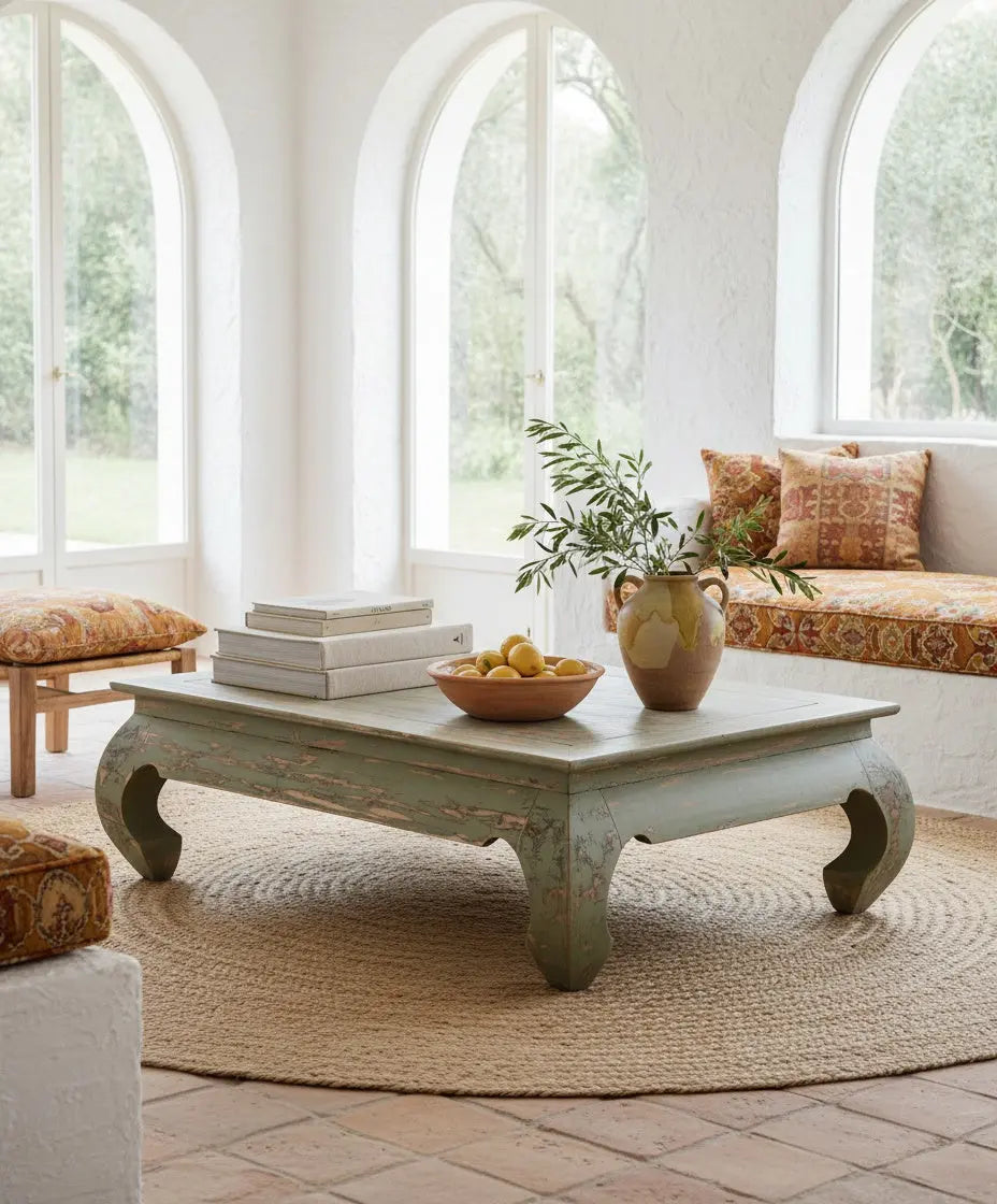 Mesa de Centro Baja de Estilo Oriental en Verde Salvia Decapé