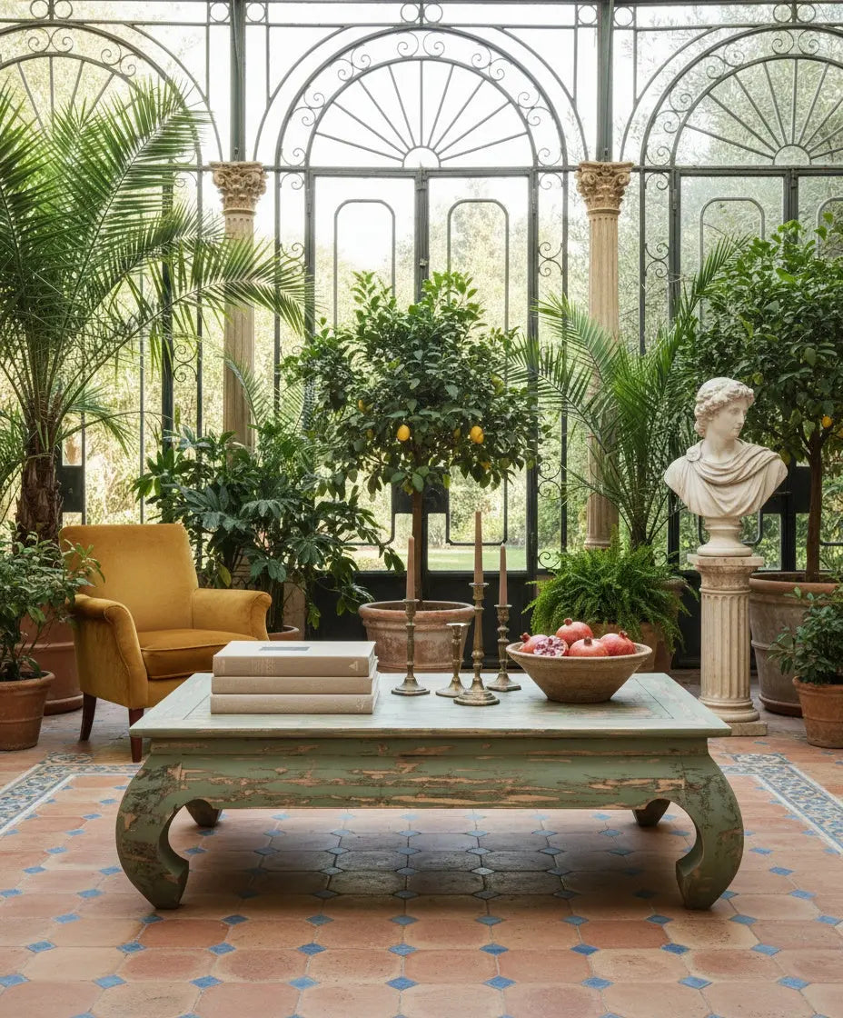 Mesa de Centro Baja de Estilo Oriental en Verde Salvia Decapé