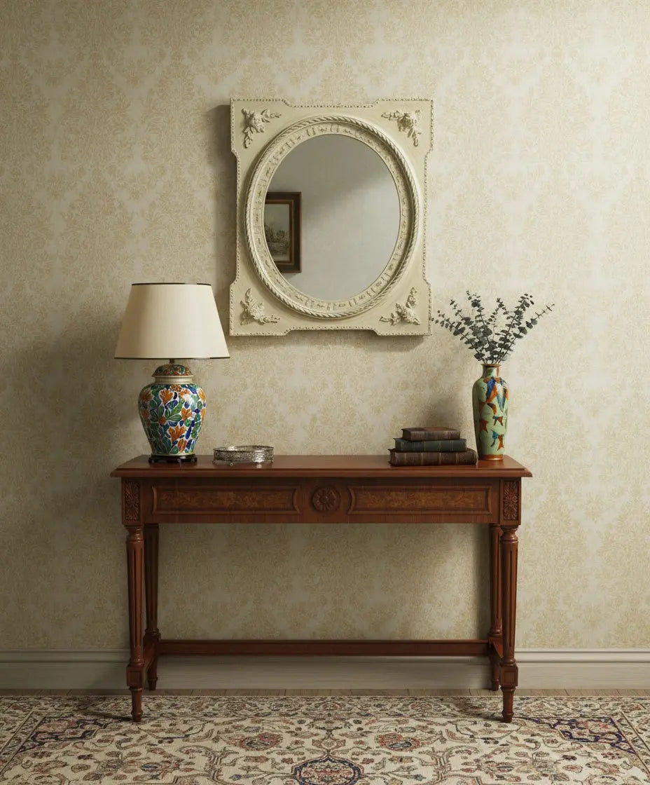 en recibidor clasico Espejo de pared vintage rectangular con luna ovalada estilo shabby chic en tonos crema.