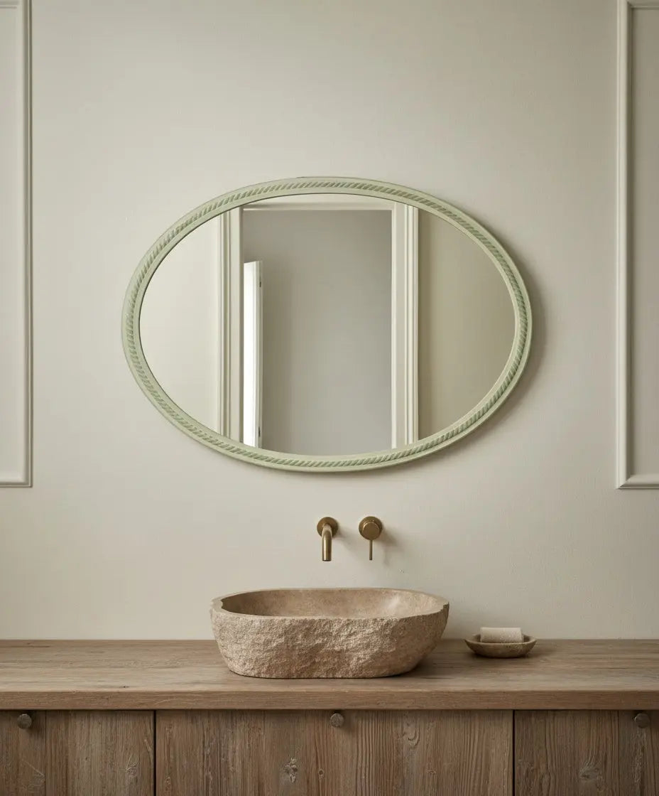 Espejo ovalado vintage en verde agua con marco sogueado (100 x 80 cm)
