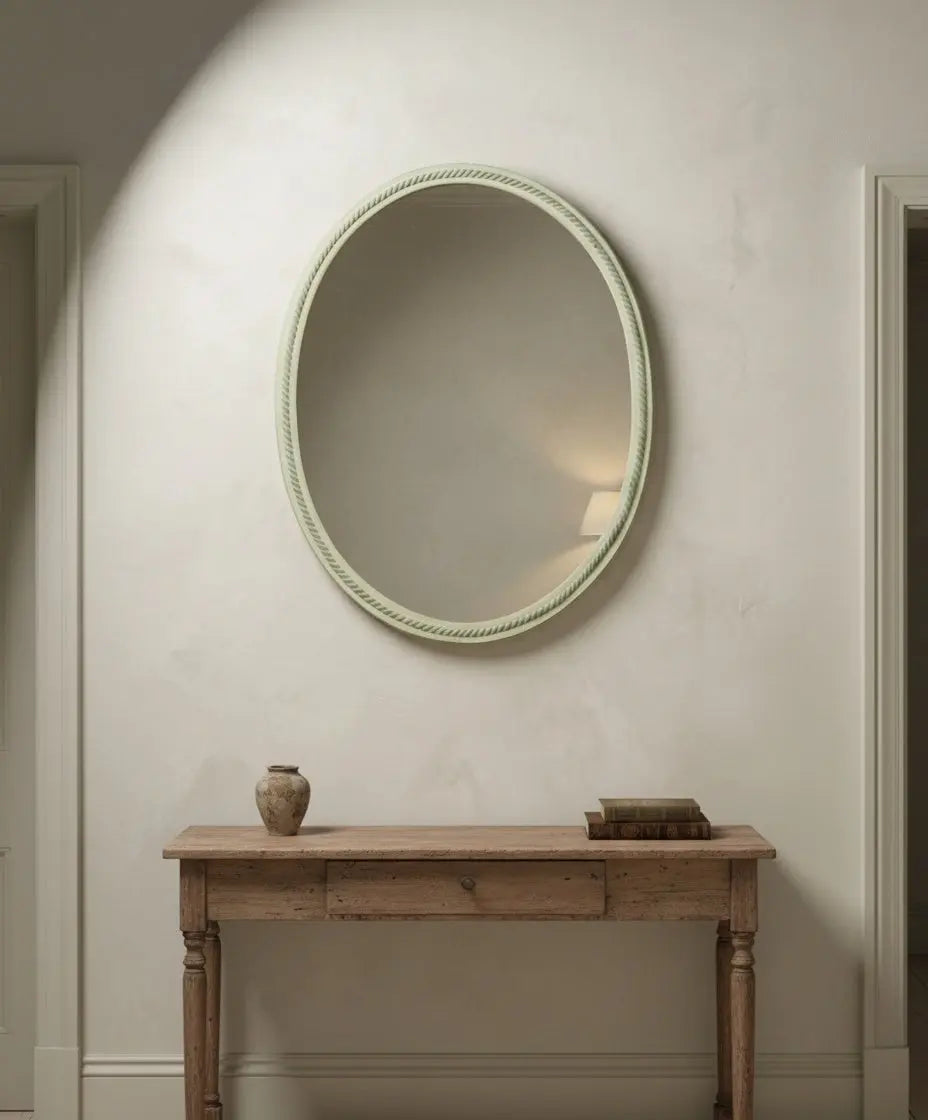 Espejo ovalado vintage en verde agua con marco sogueado (100 x 80 cm)