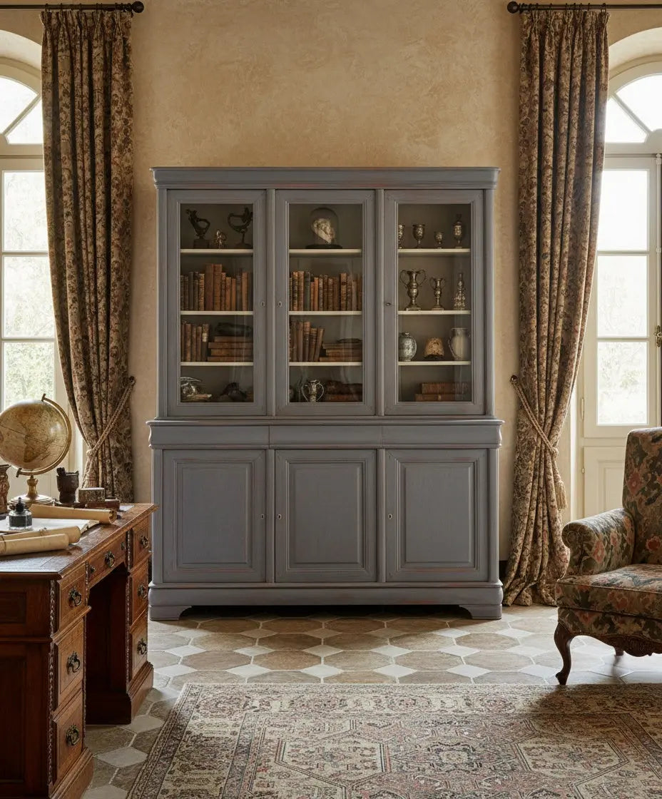 Vitrina alacena de dos cuerpos en azul grisáceo decapé