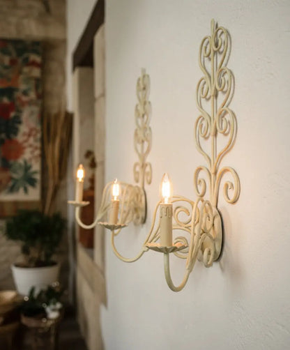 Pareja de apliques de pared vintage en forja verde decapé