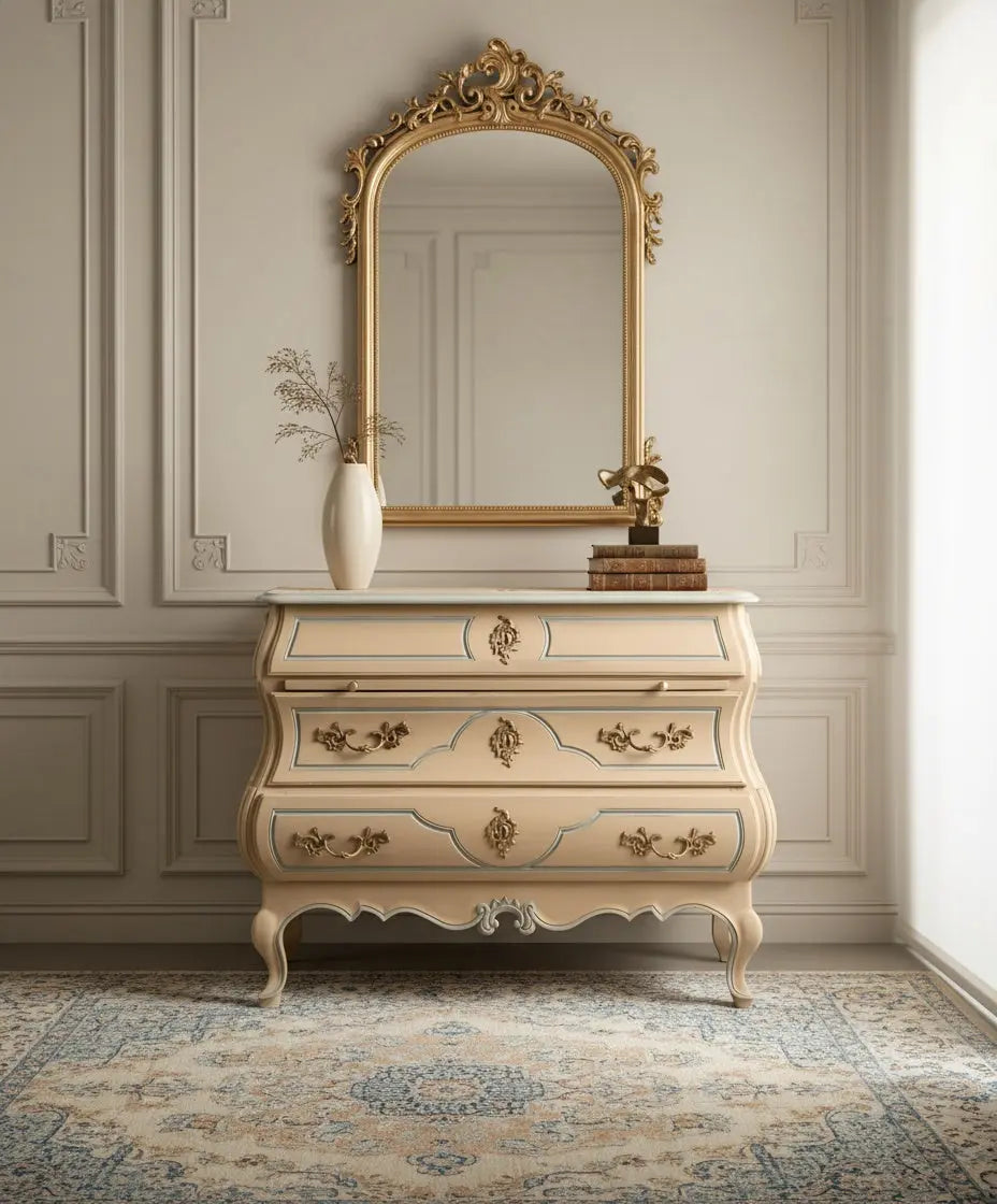 Cómoda secreter vintage abierta mostrando su interior de escritorio con cajoncitos y tapete de cuero.