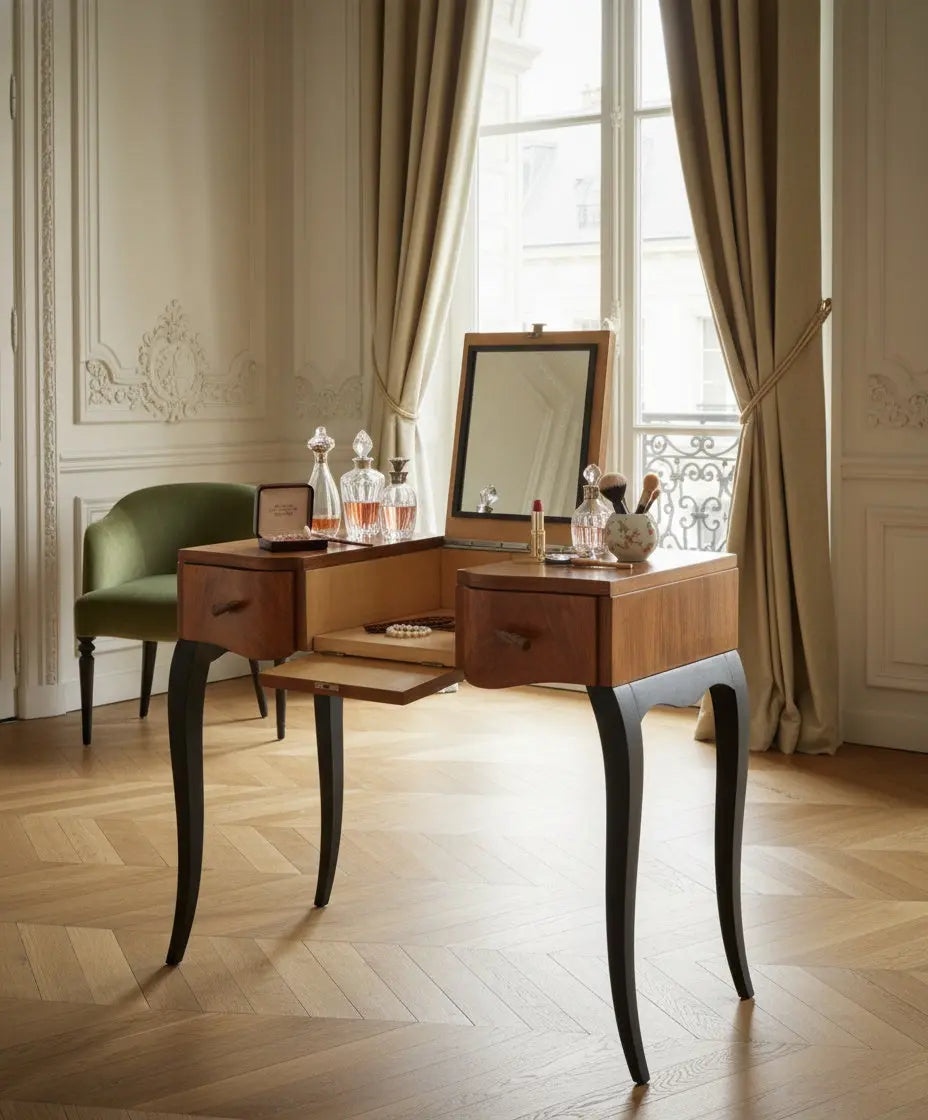 Tocador en nogal con espejo abatible y patas negras