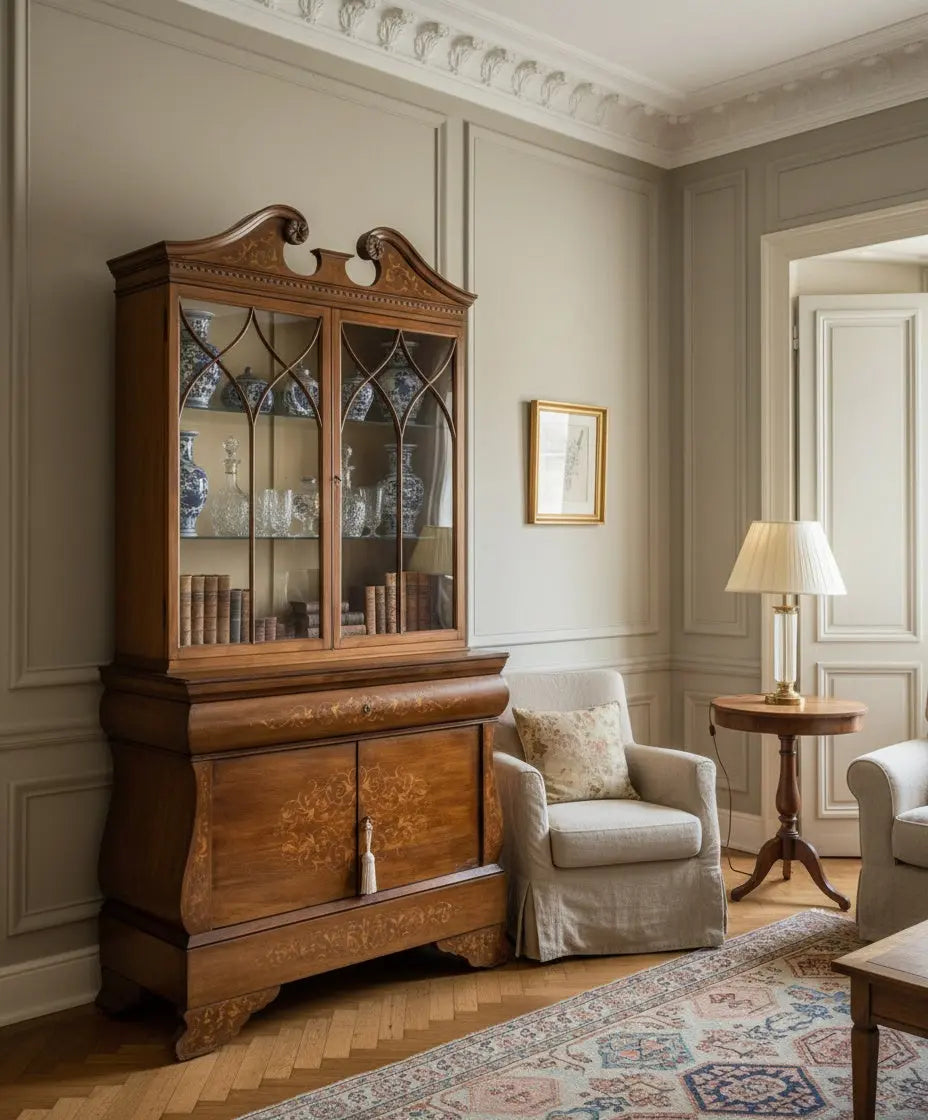 Vitrina antigua de marquetería floral estilo neoclásico con puertas acristaladas y frontón partido sobre fondo neutro.